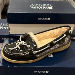 Sperry Black and Glittery Silver Boat Shoes